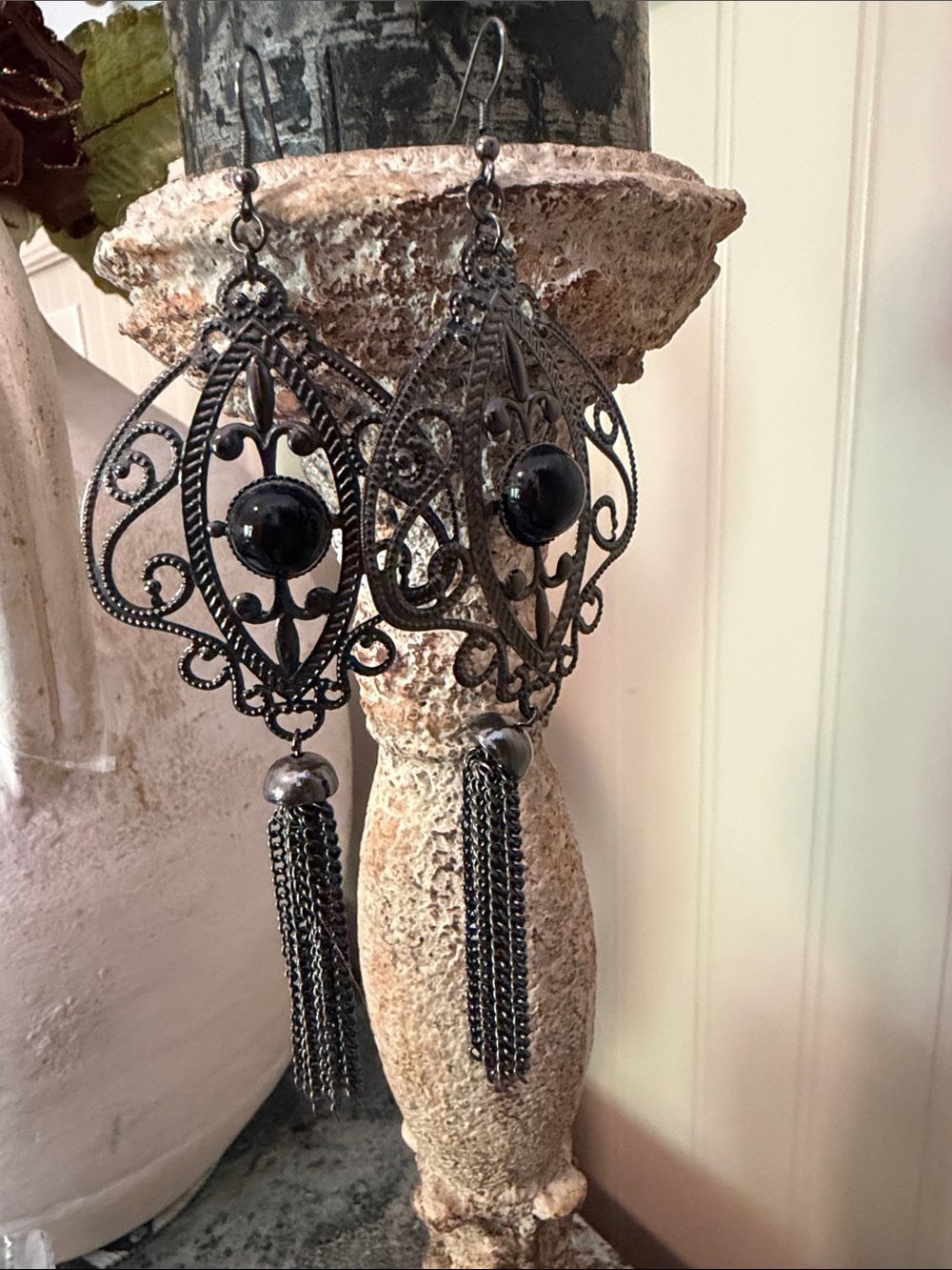 Black Filigree Tassel Drop Earrings - Lightweight Statement